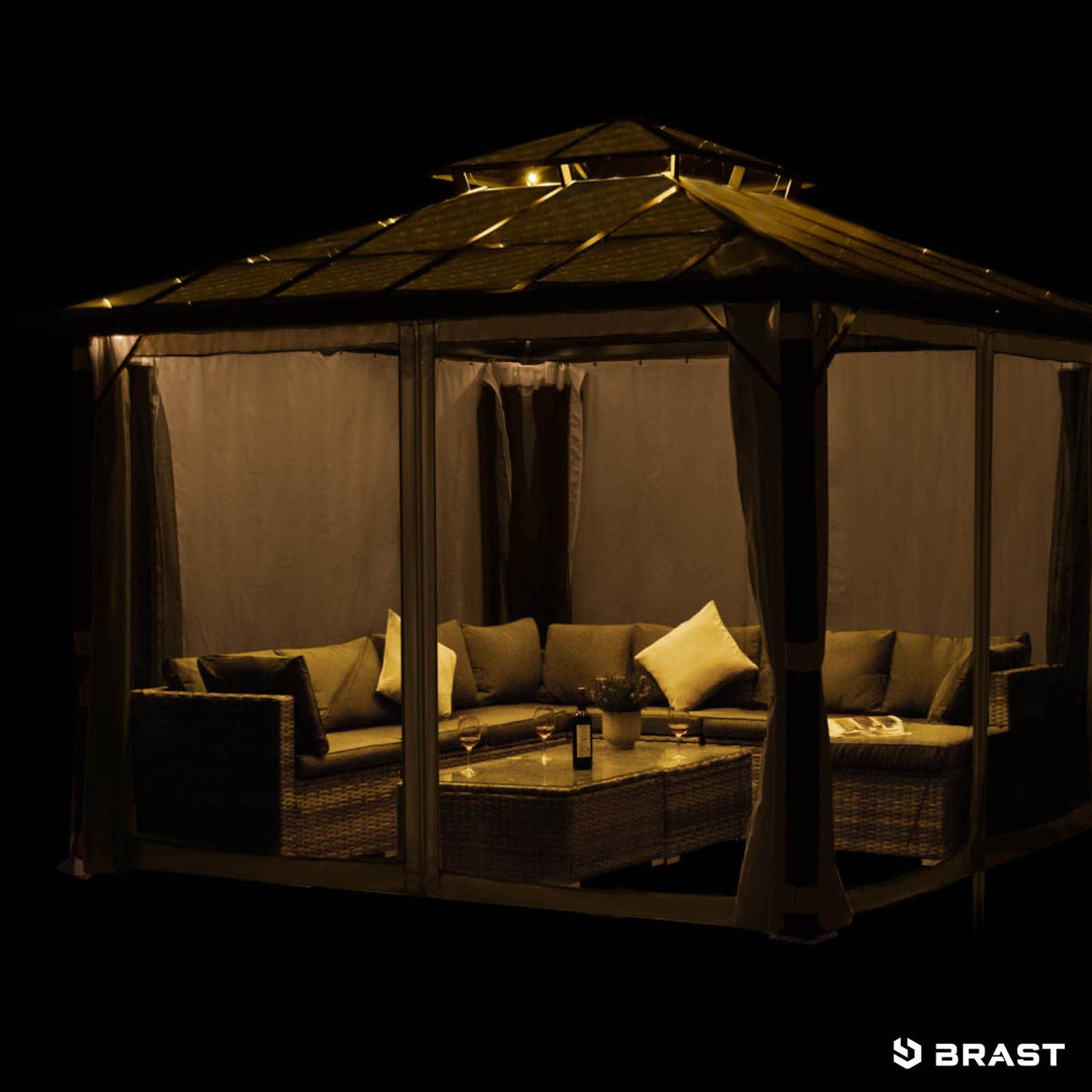 Alu Pavillon PAGODE 4x4m dunkelgrau mit Moskitonetz & LED-Beleuchtung