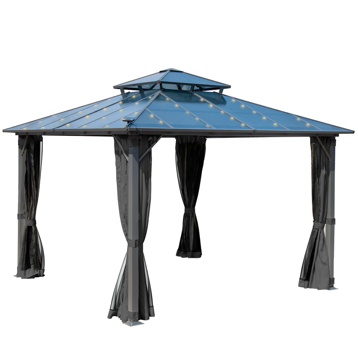 Alu Pavillon PAGODE 4x4m dunkelgrau mit Moskitonetz & LED-Beleuchtung