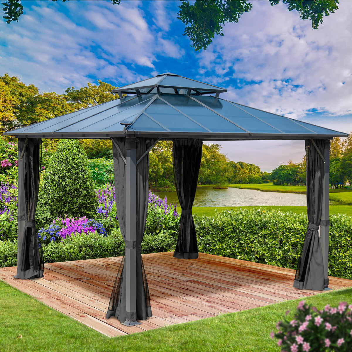 Alu Pavillon PAGODE 4x4m dunkelgrau mit Moskitonetz & LED-Beleuchtung