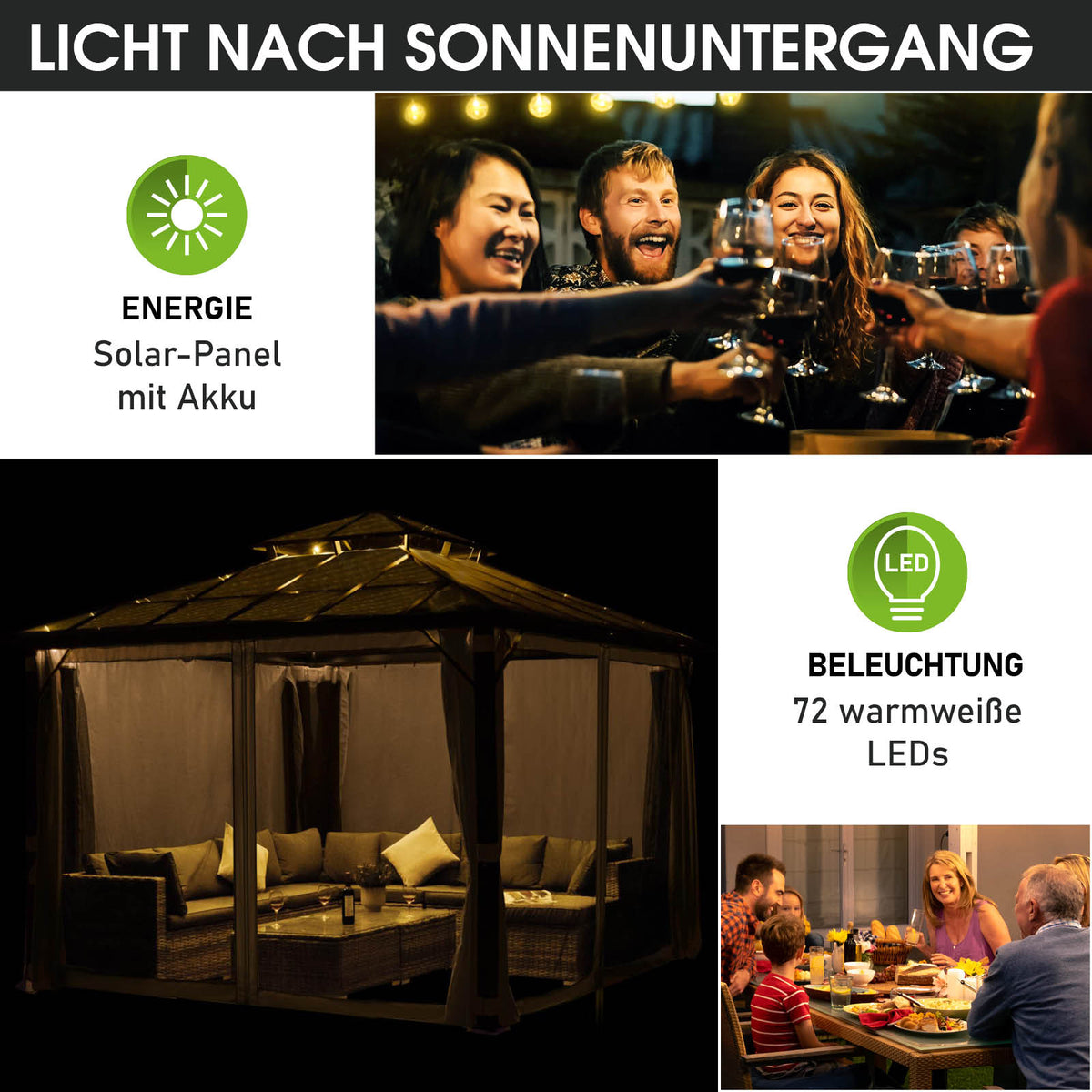 Alu Pavillon PAGODE 4x4m dunkelgrau mit Moskitonetz & LED-Beleuchtung