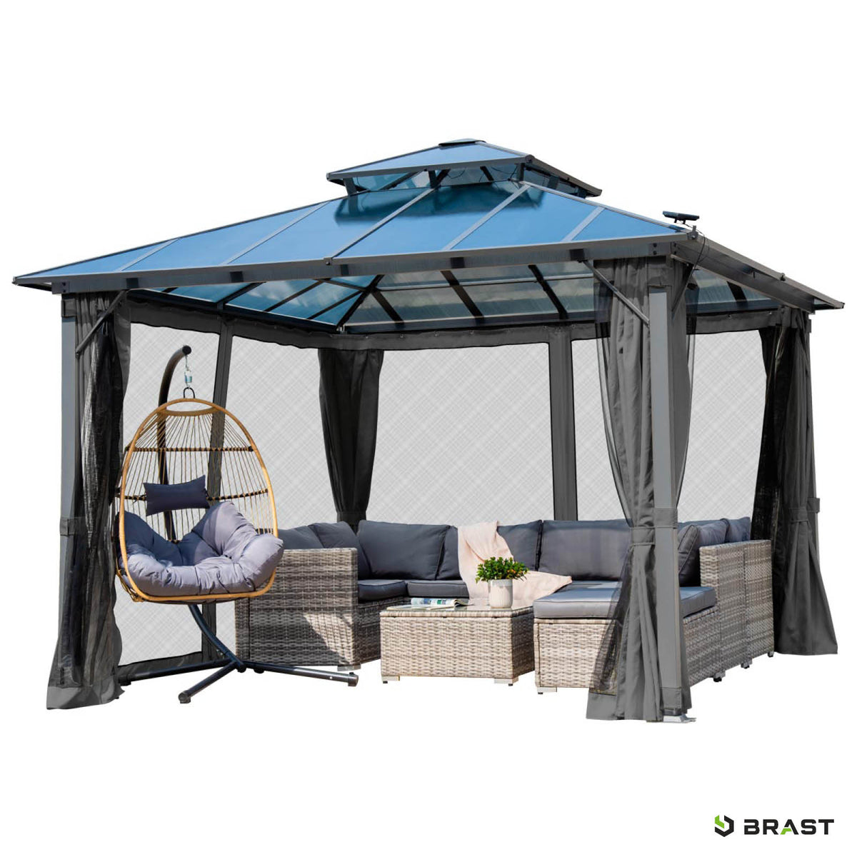 Alu Pavillon PAGODE 4x4m dunkelgrau mit Moskitonetz & LED-Beleuchtung