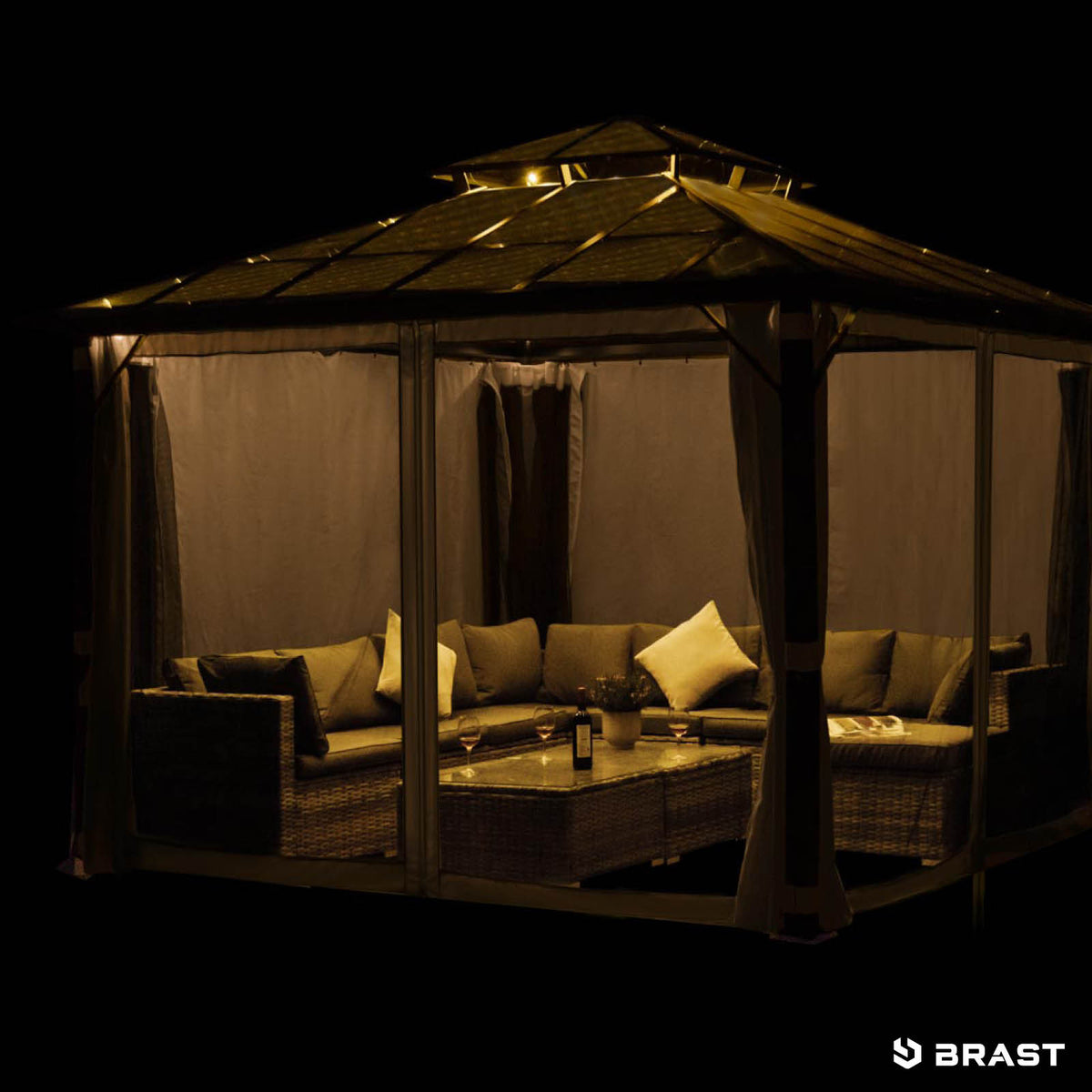 Alu Pavillon PAGODE 4x4m dunkelgrau mit Moskitonetz & LED-Beleuchtung