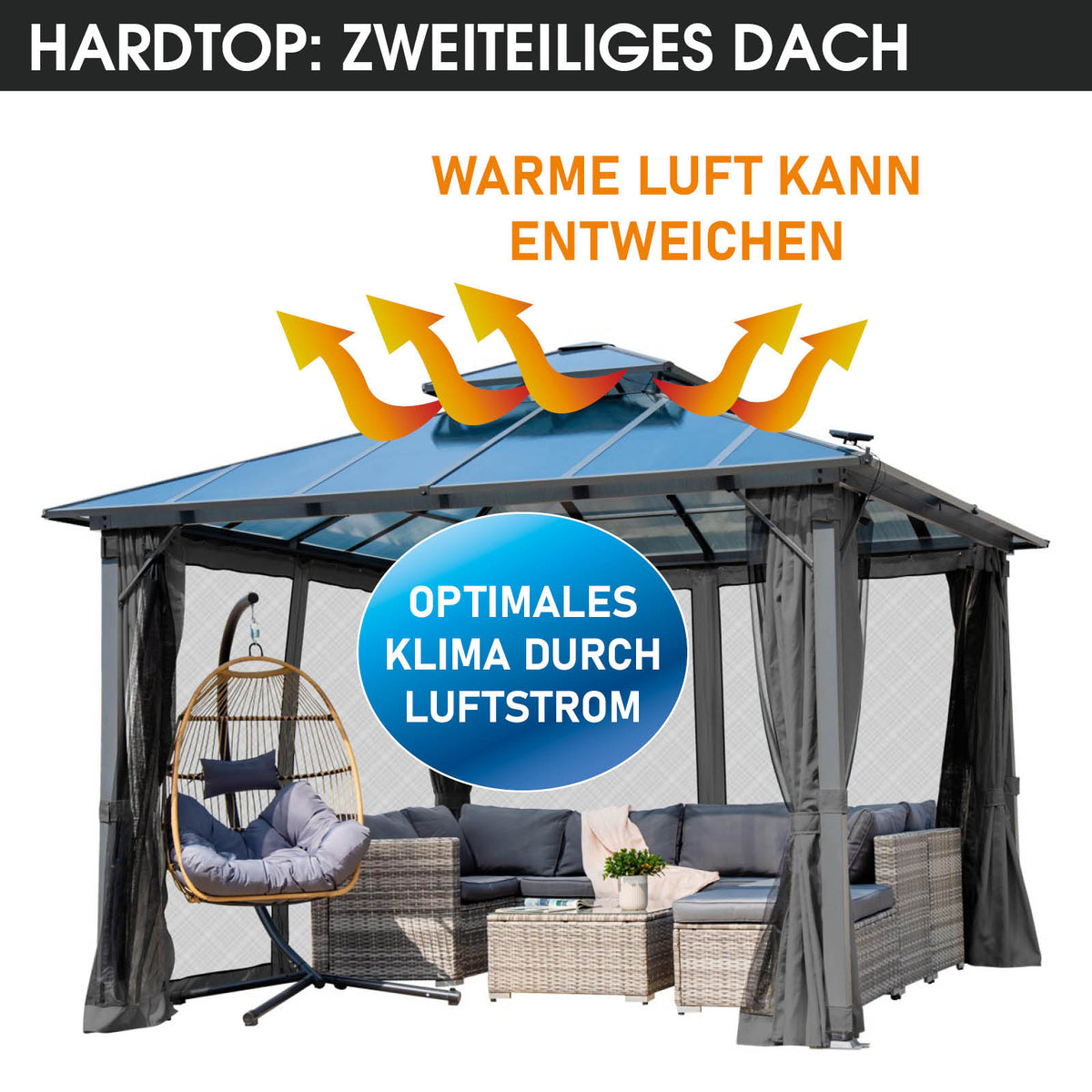 Alu Pavillon PAGODE 4x4m dunkelgrau mit Moskitonetz & LED-Beleuchtung
