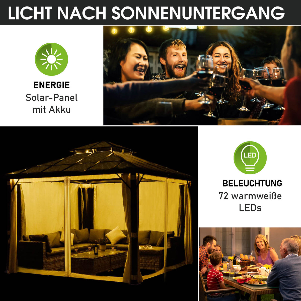 Alu Pavillon PAGODE 4x4m beige mit Moskitonetz & LED-Beleuchtung