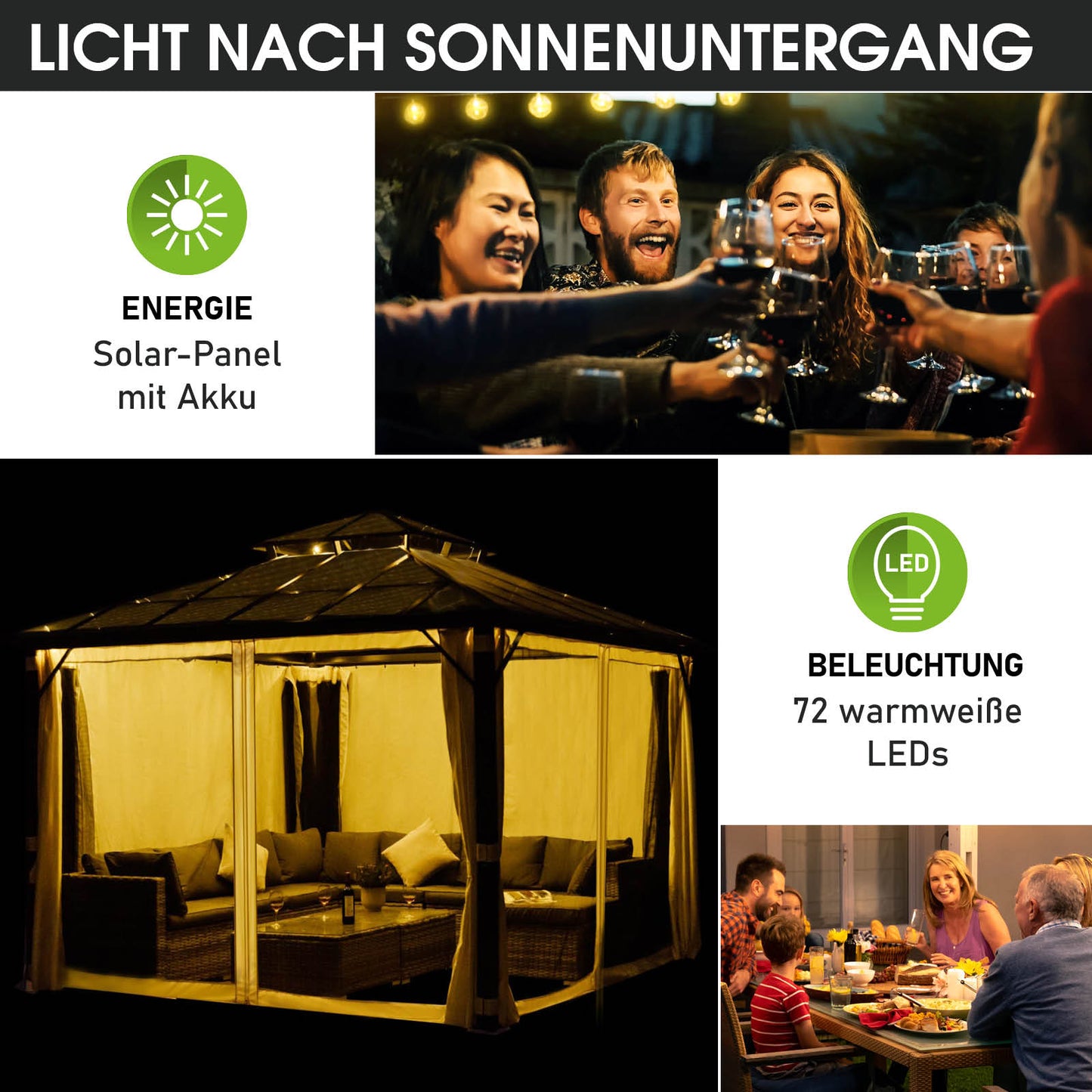 Alu Pavillon PAGODE 4x4m beige mit Moskitonetz & LED-Beleuchtung