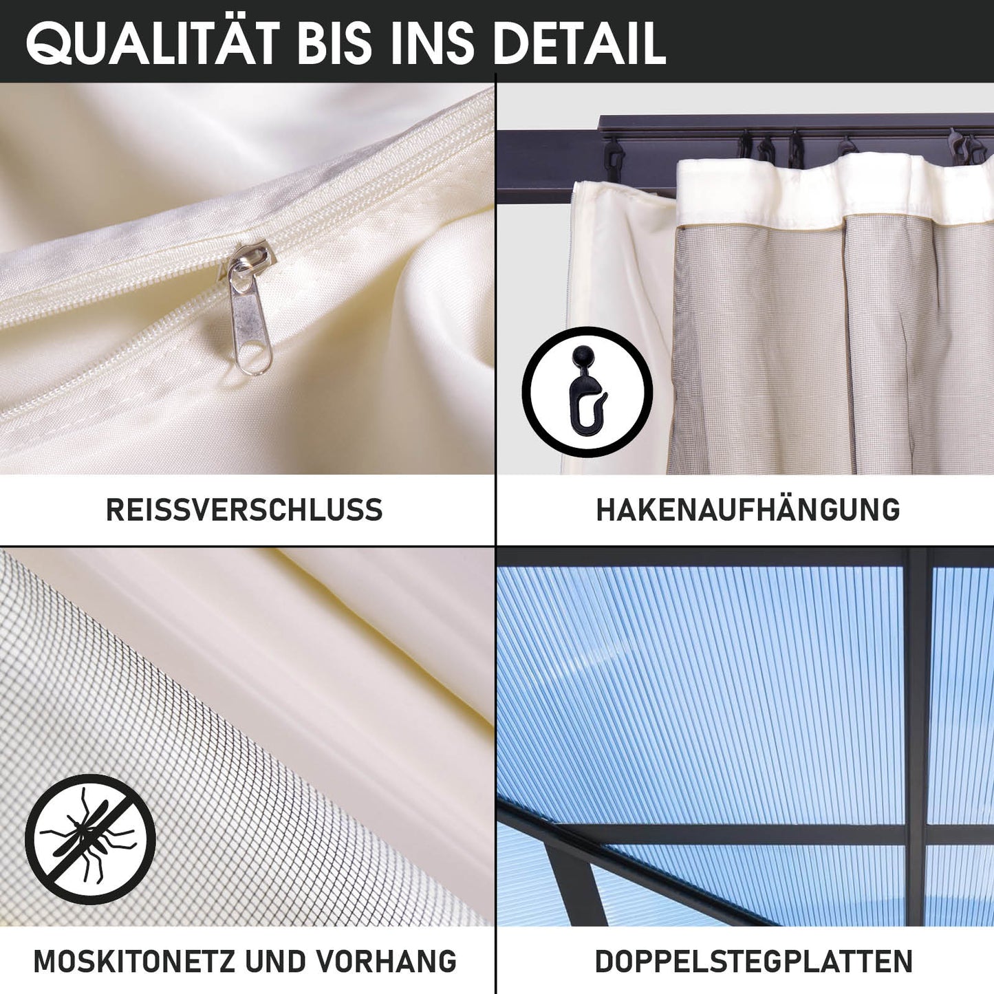 Alu Pavillon PAGODE 4x4m beige mit Moskitonetz & LED-Beleuchtung