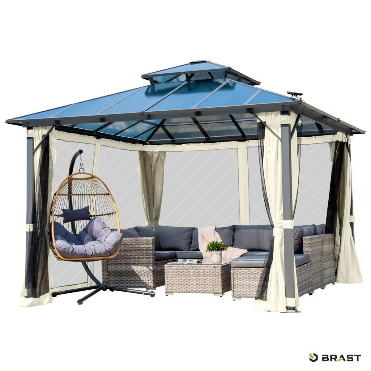 Alu Pavillon PAGODE 4x4m beige mit Moskitonetz & LED-Beleuchtung