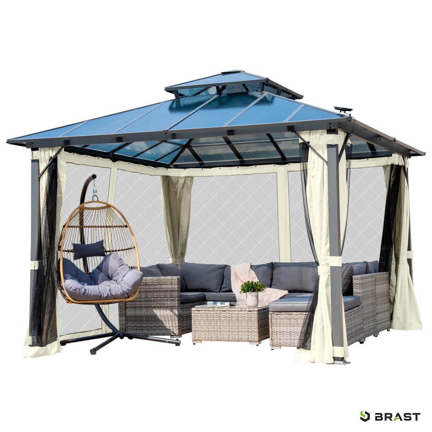 Alu Pavillon PAGODE 4x4m beige mit Moskitonetz & LED-Beleuchtung