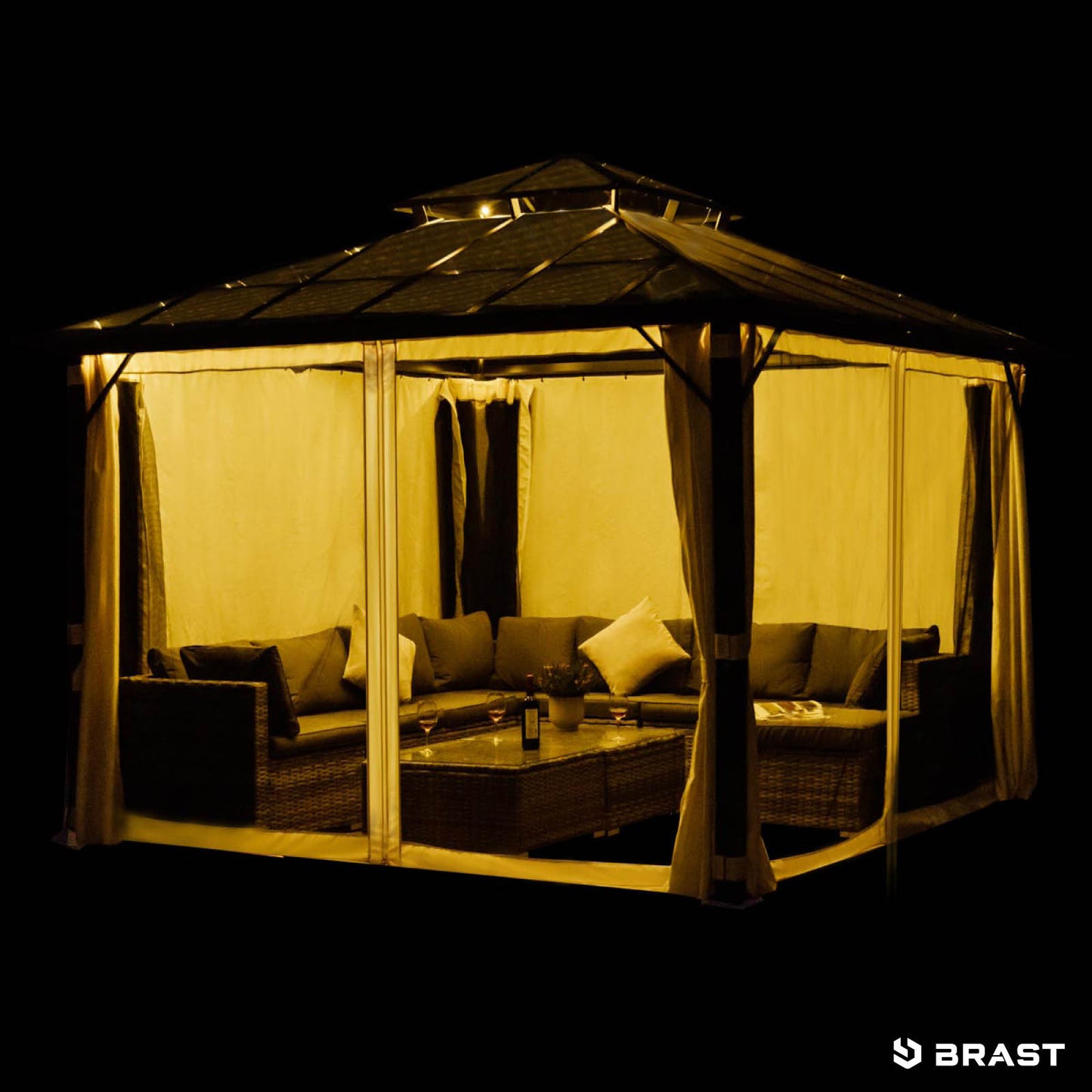 Alu Pavillon PAGODE 4x4m beige mit Moskitonetz & LED-Beleuchtung