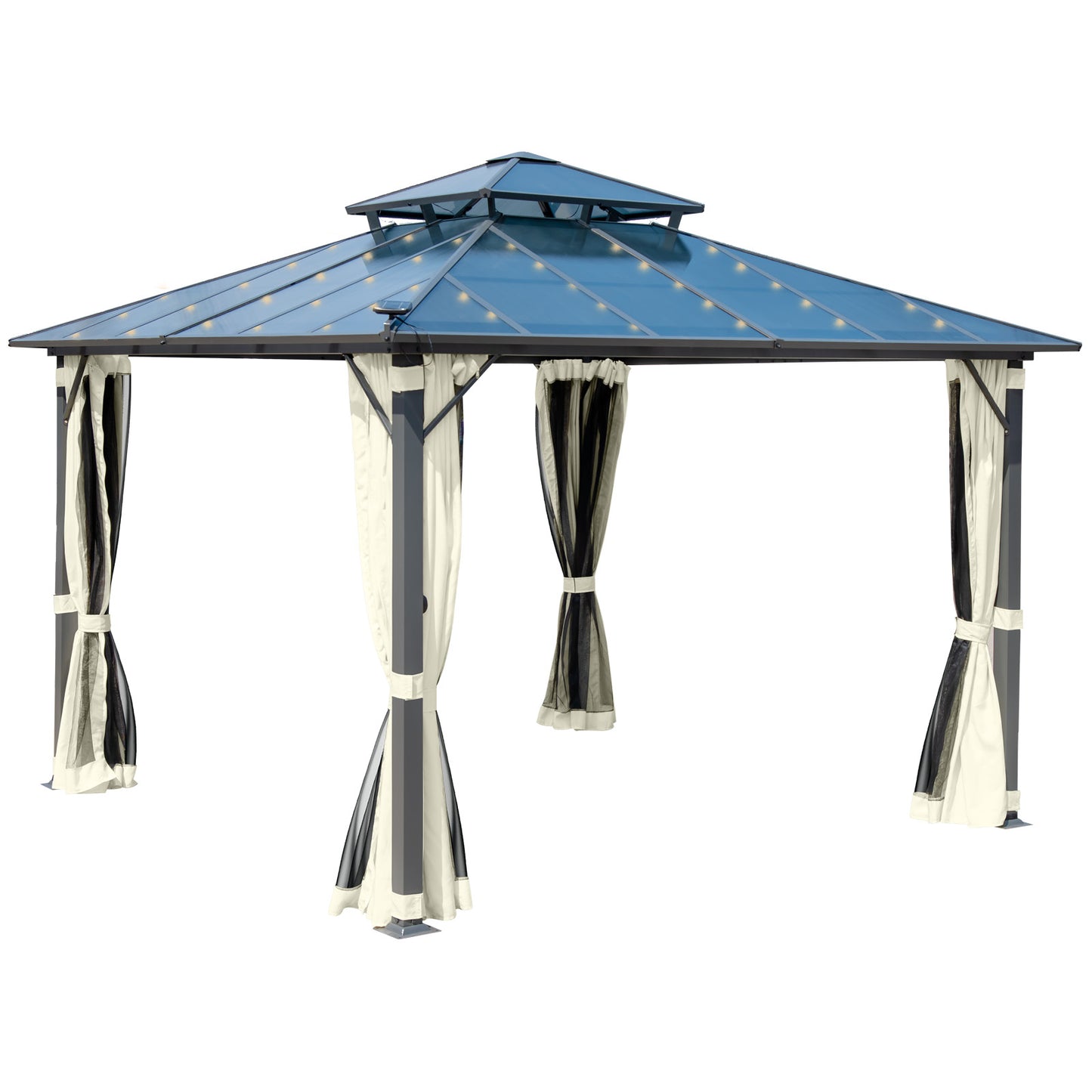Alu Pavillon PAGODE 4x4m beige mit Moskitonetz & LED-Beleuchtung