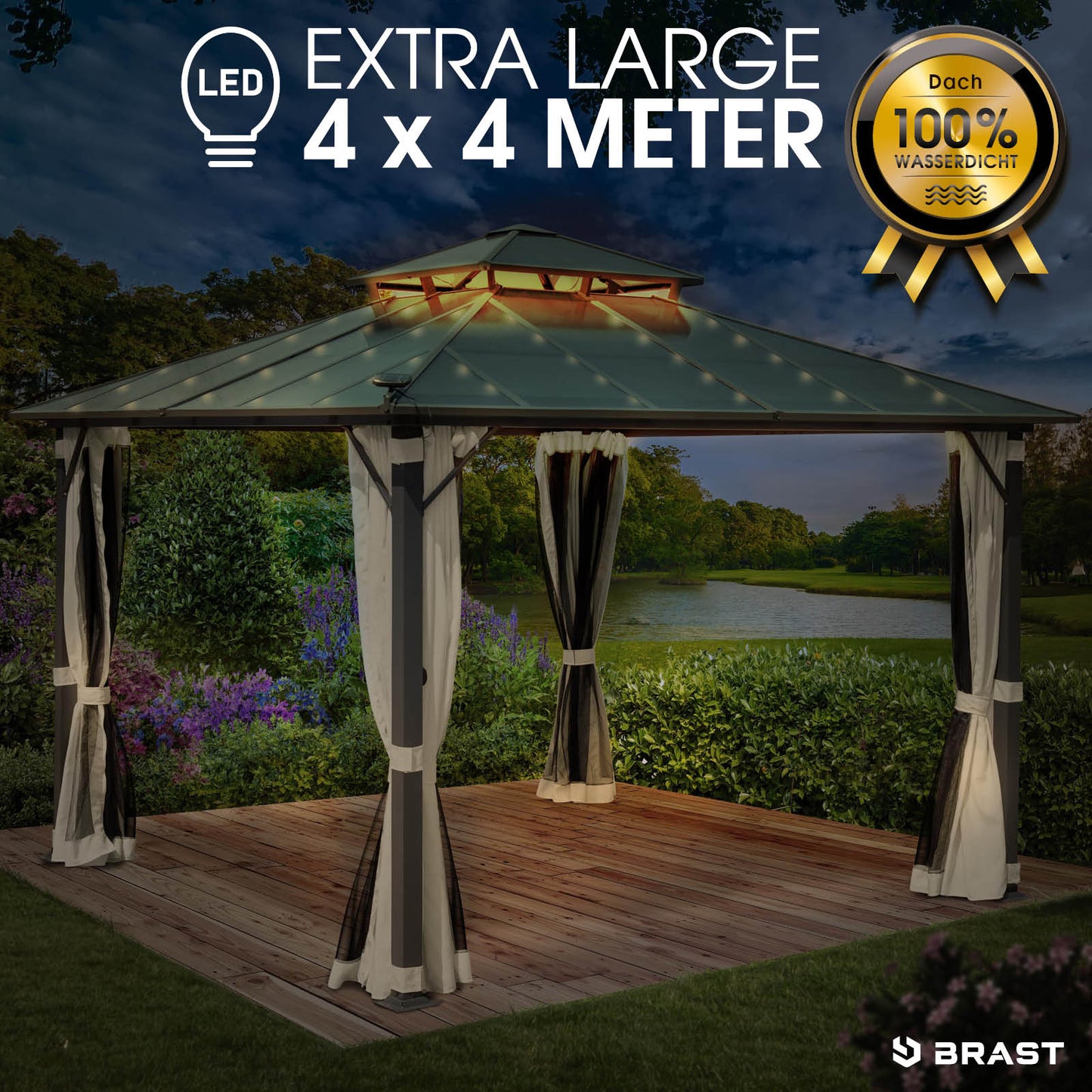 Alu Pavillon PAGODE 4x4m beige mit Moskitonetz & LED-Beleuchtung