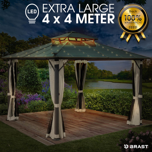 Alu Pavillon PAGODE 4x4m beige mit Moskitonetz & LED-Beleuchtung