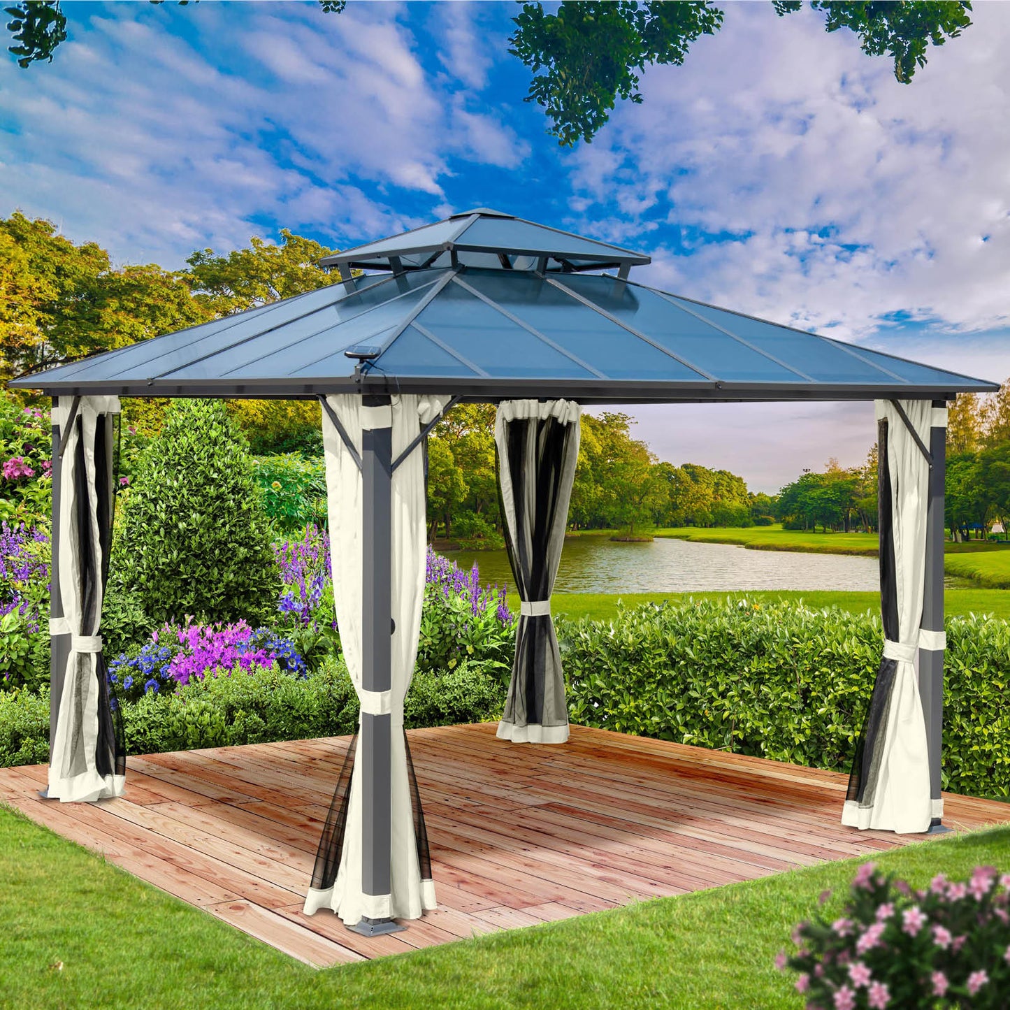 Alu Pavillon PAGODE 4x4m beige mit Moskitonetz & LED-Beleuchtung