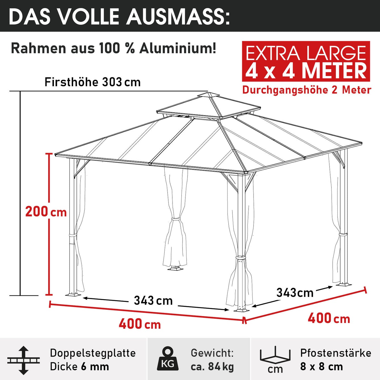 Alu Pavillon PAGODE 4x4m beige mit Moskitonetz & LED-Beleuchtung