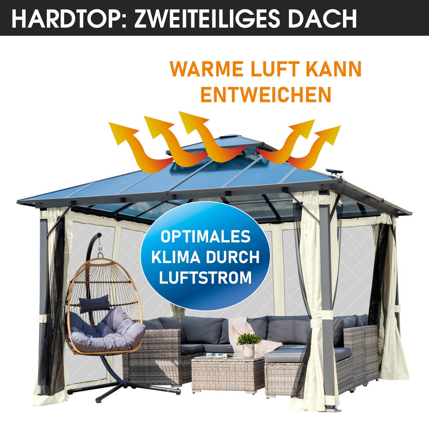 Alu Pavillon PAGODE 4x4m beige mit Moskitonetz & LED-Beleuchtung