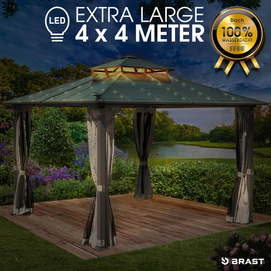 Alu Pavillon PAGODE 4x4m hellgrau mit Moskitonetz & LED-Beleuchtung