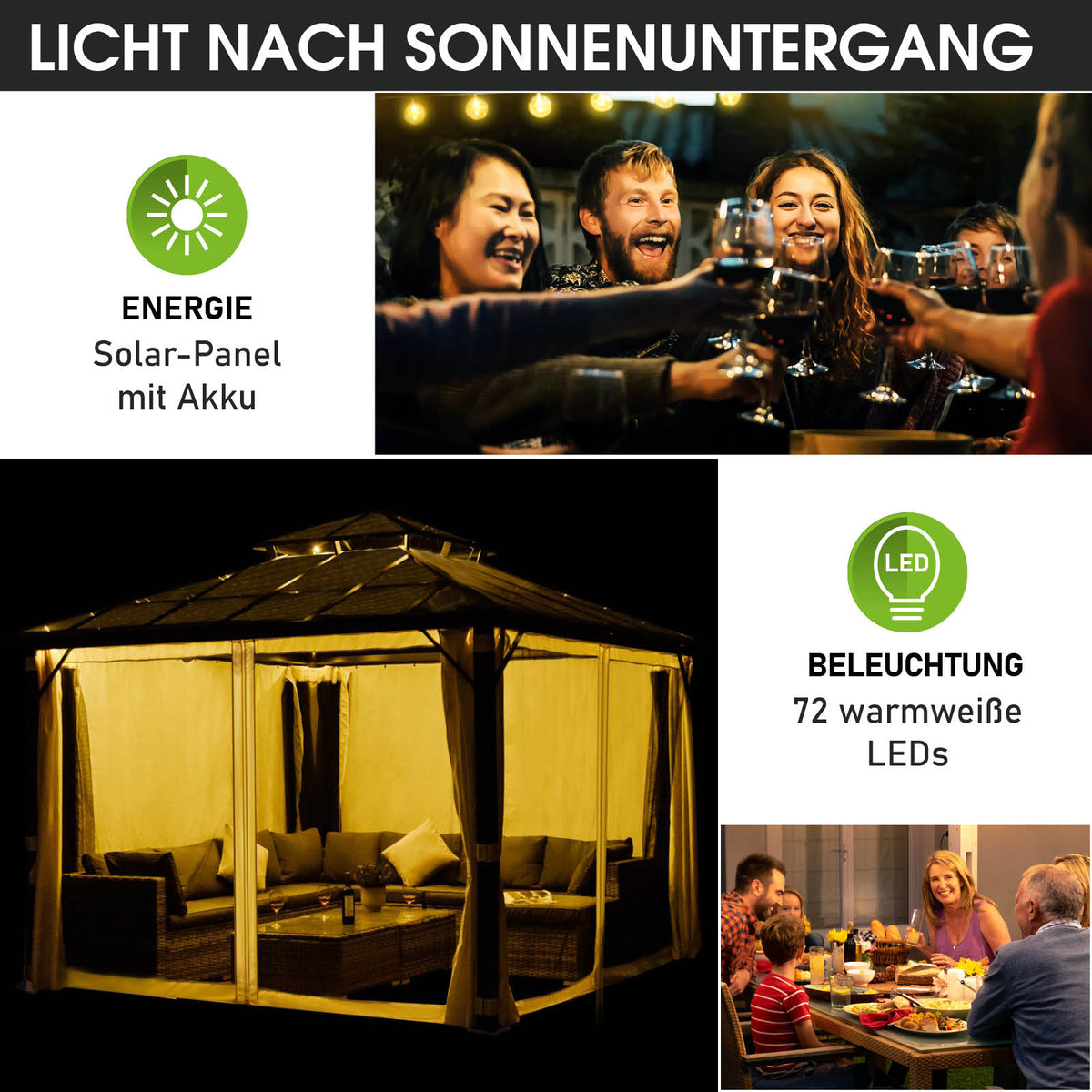 Alu Pavillon PAGODE 4x4m hellgrau mit Moskitonetz & LED-Beleuchtung