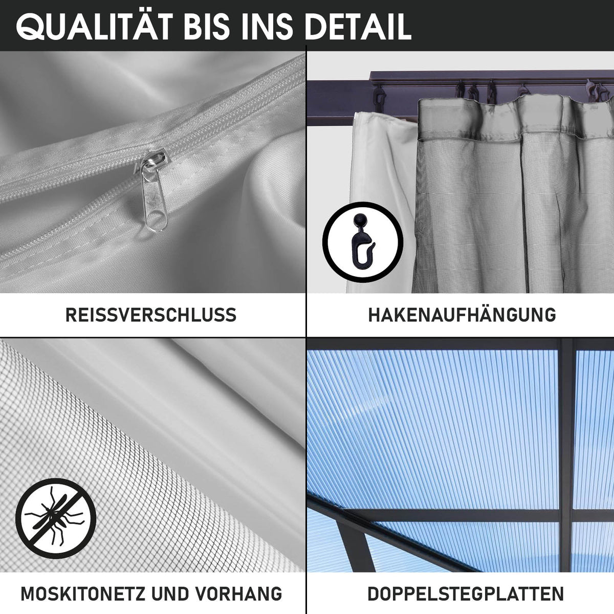 Alu Pavillon PAGODE 4x4m hellgrau mit Moskitonetz & LED-Beleuchtung