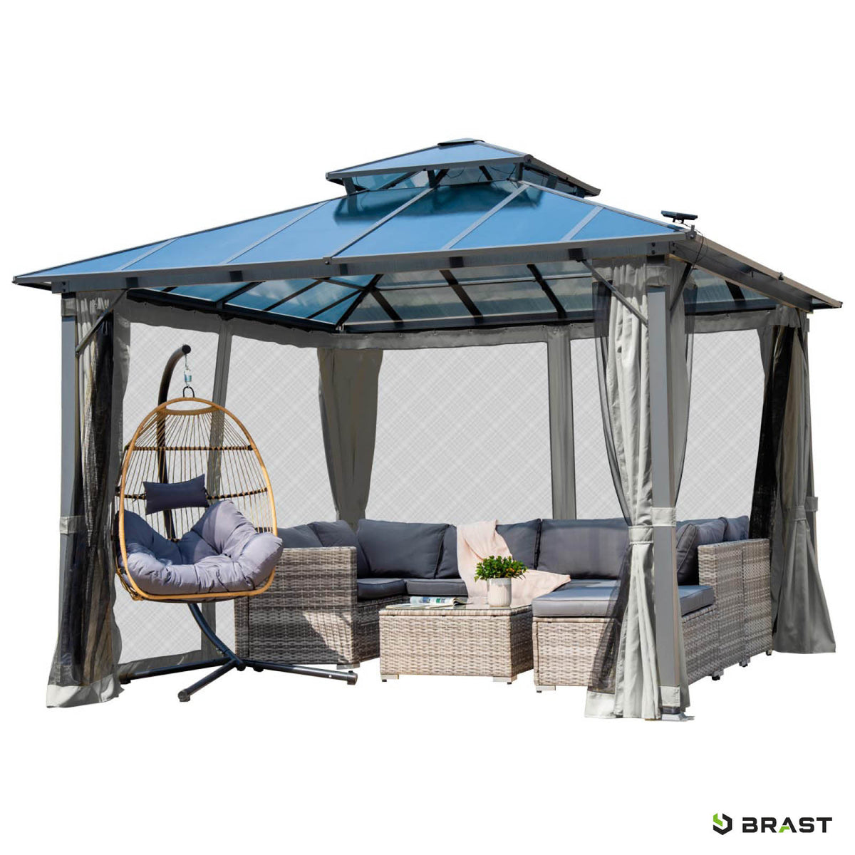 Alu Pavillon PAGODE 4x4m hellgrau mit Moskitonetz & LED-Beleuchtung