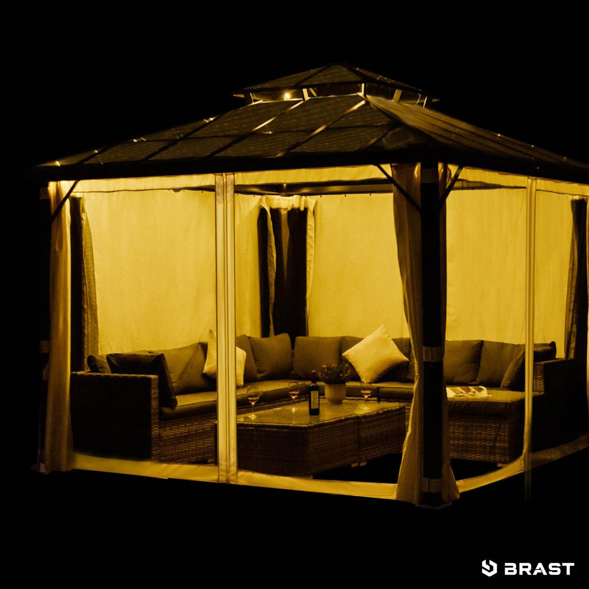 Alu Pavillon PAGODE 4x4m hellgrau mit Moskitonetz & LED-Beleuchtung