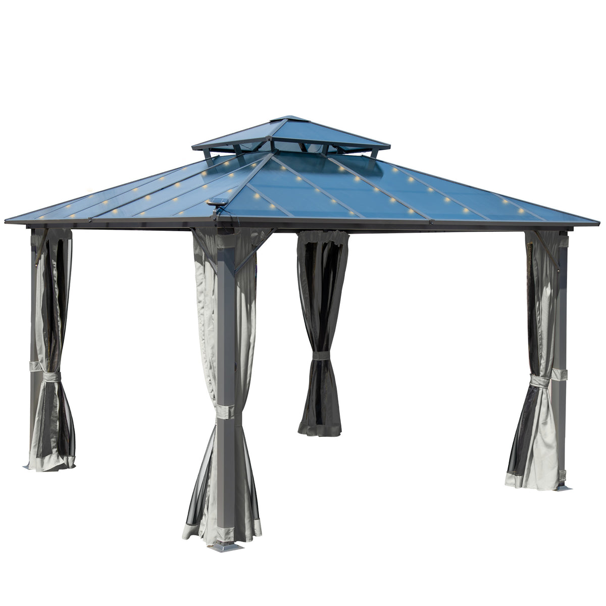 Alu Pavillon PAGODE 4x4m hellgrau mit Moskitonetz & LED-Beleuchtung