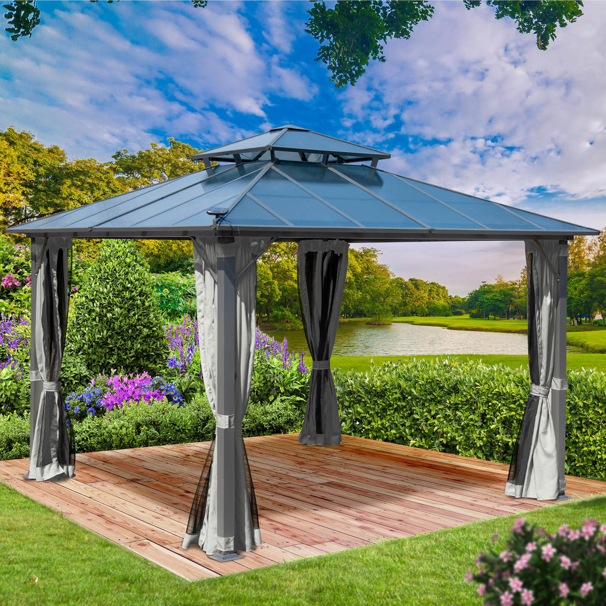 Alu Pavillon PAGODE 4x4m hellgrau mit Moskitonetz & LED-Beleuchtung