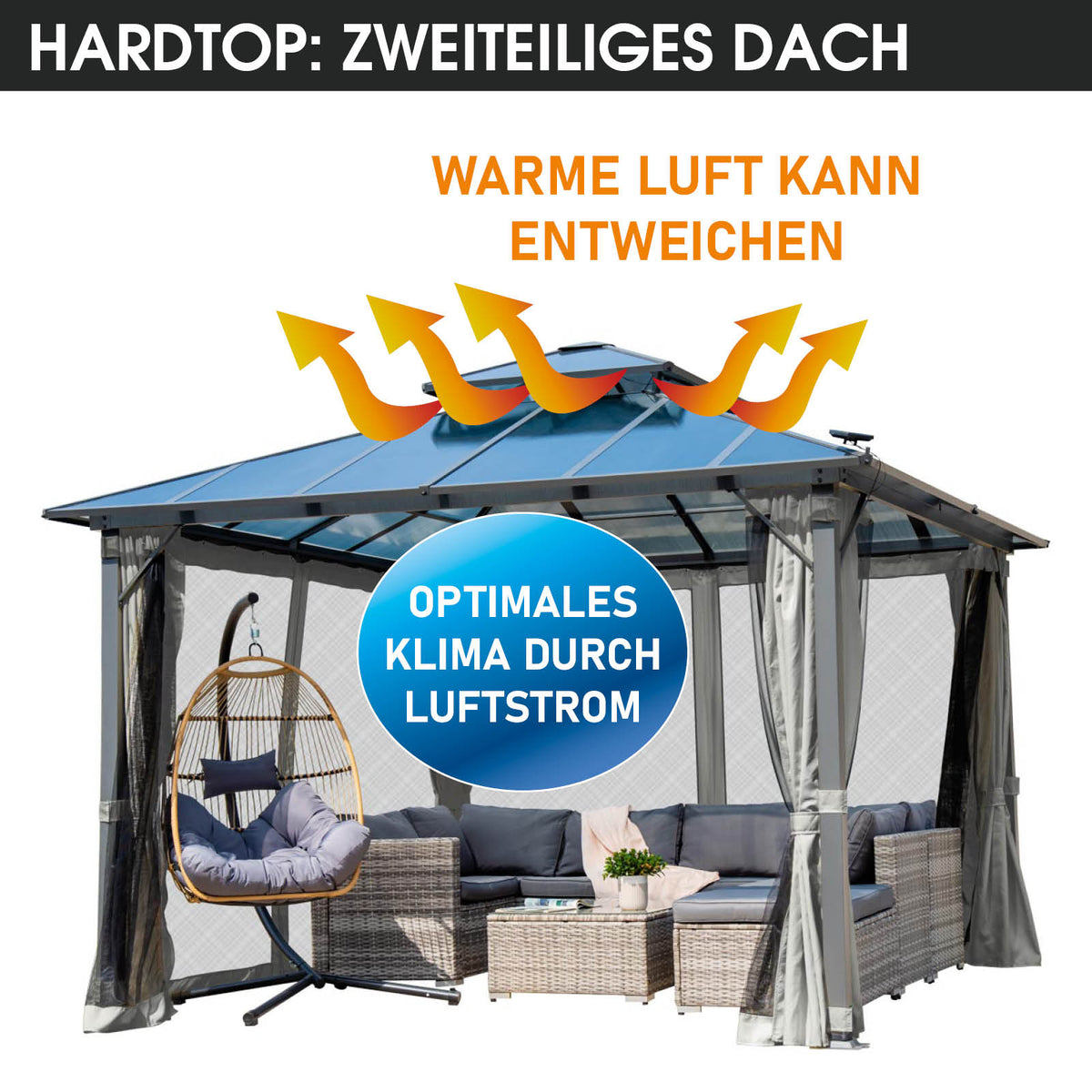 Alu Pavillon PAGODE 4x4m hellgrau mit Moskitonetz & LED-Beleuchtung