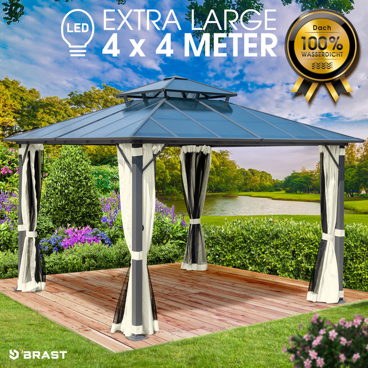 Alu Pavillon PAGODE 4x4m beige mit Moskitonetz