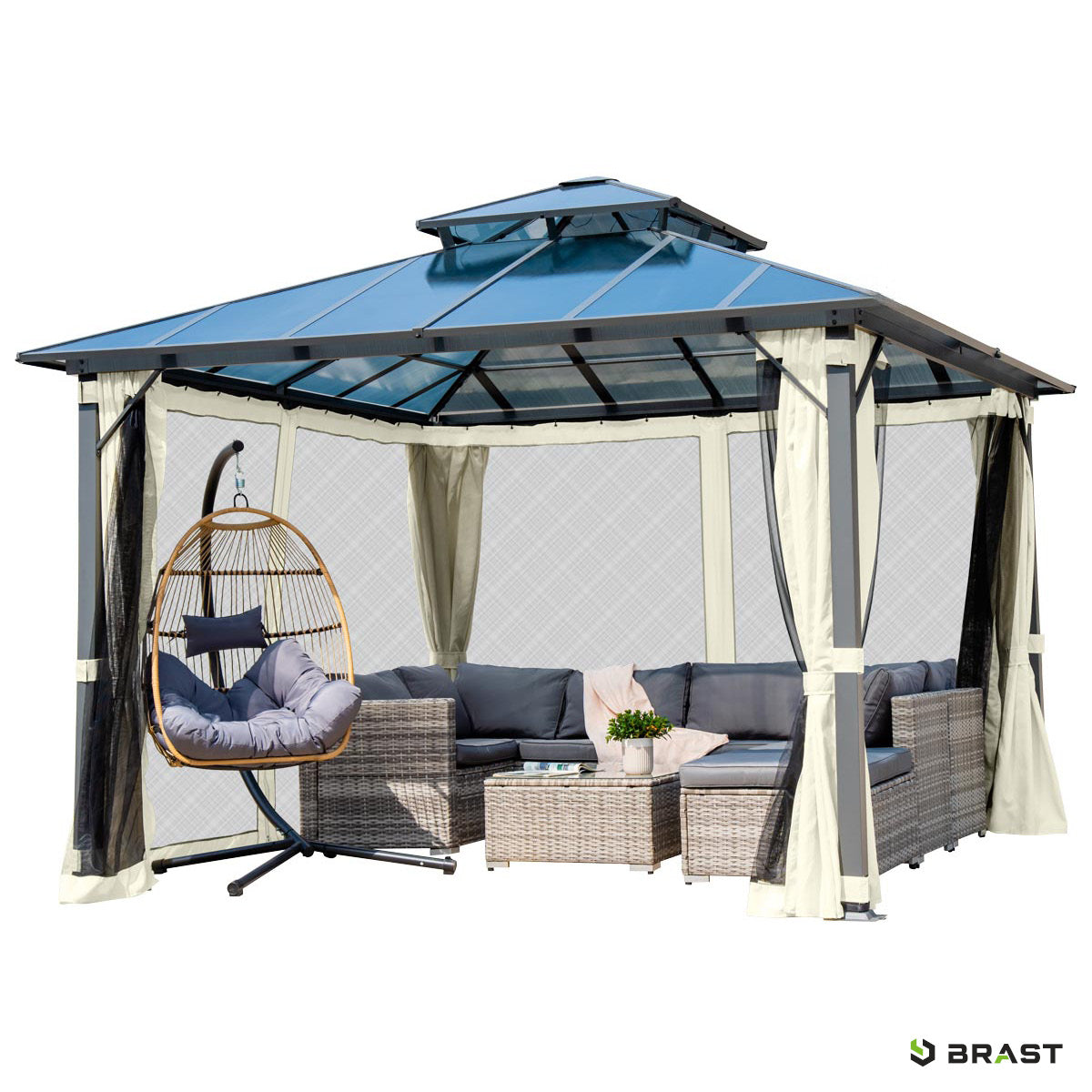 Alu Pavillon PAGODE 4x4m beige mit Moskitonetz
