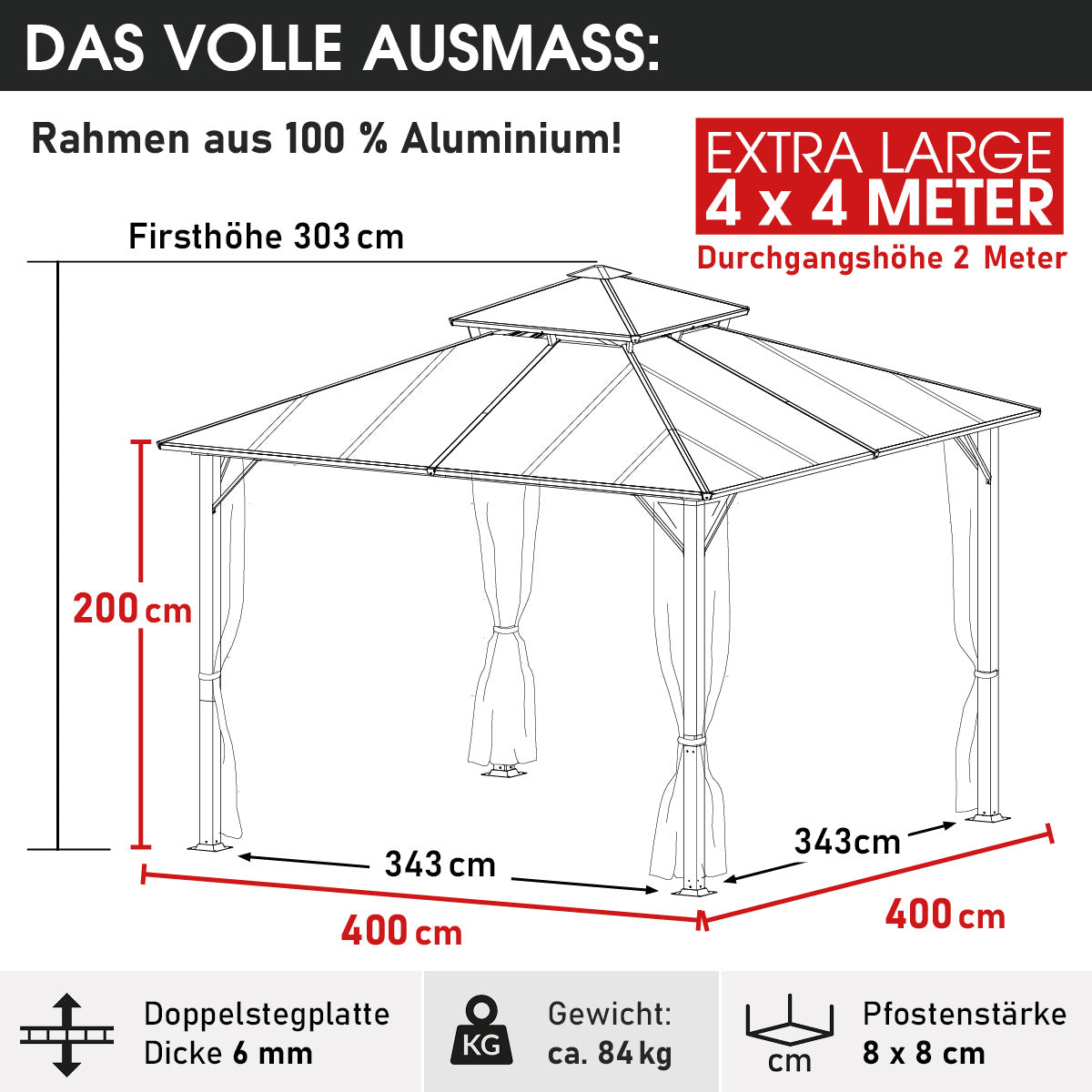 Alu Pavillon PAGODE 4x4m beige mit Moskitonetz