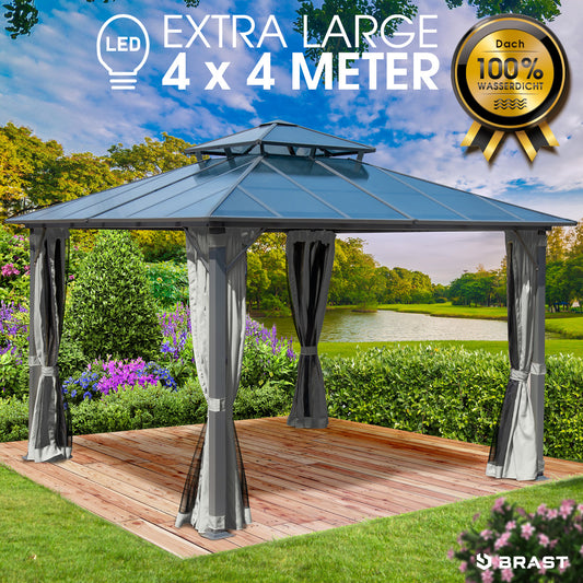 Alu Pavillon PAGODE 4x4m hellgrau mit Moskitonetz