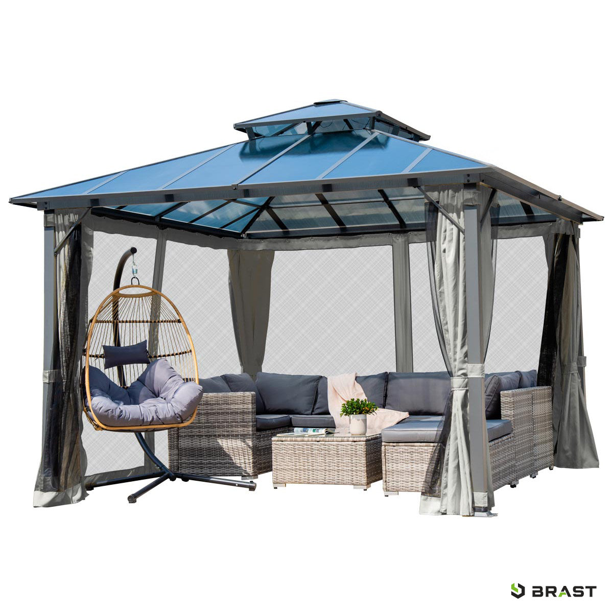 Alu Pavillon PAGODE 4x4m hellgrau mit Moskitonetz