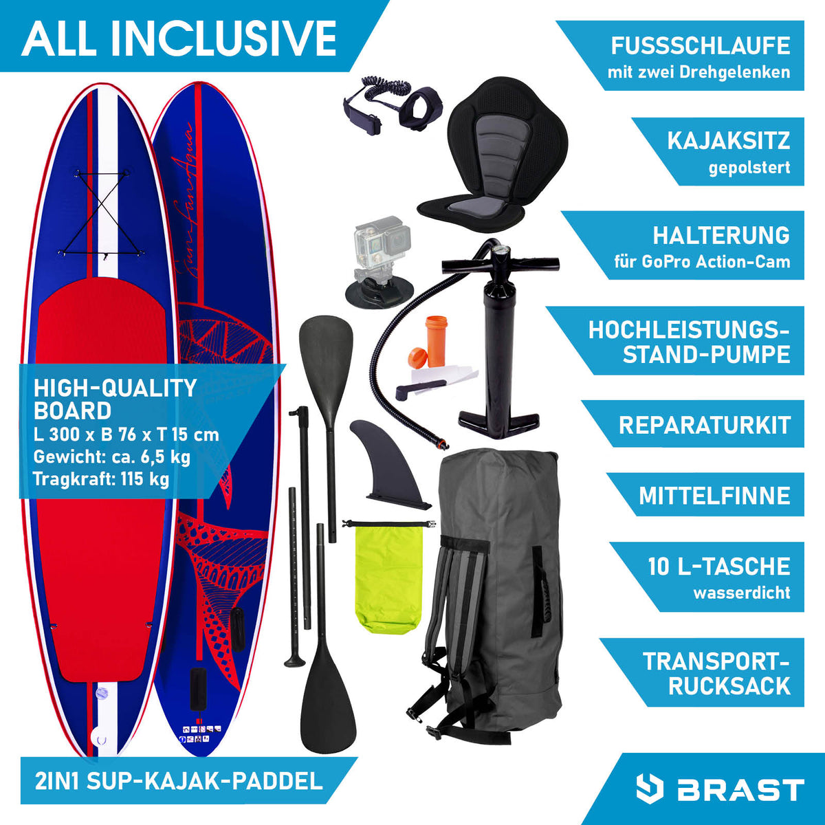 SUP Board aufblasbar SHARK 300 blue/red