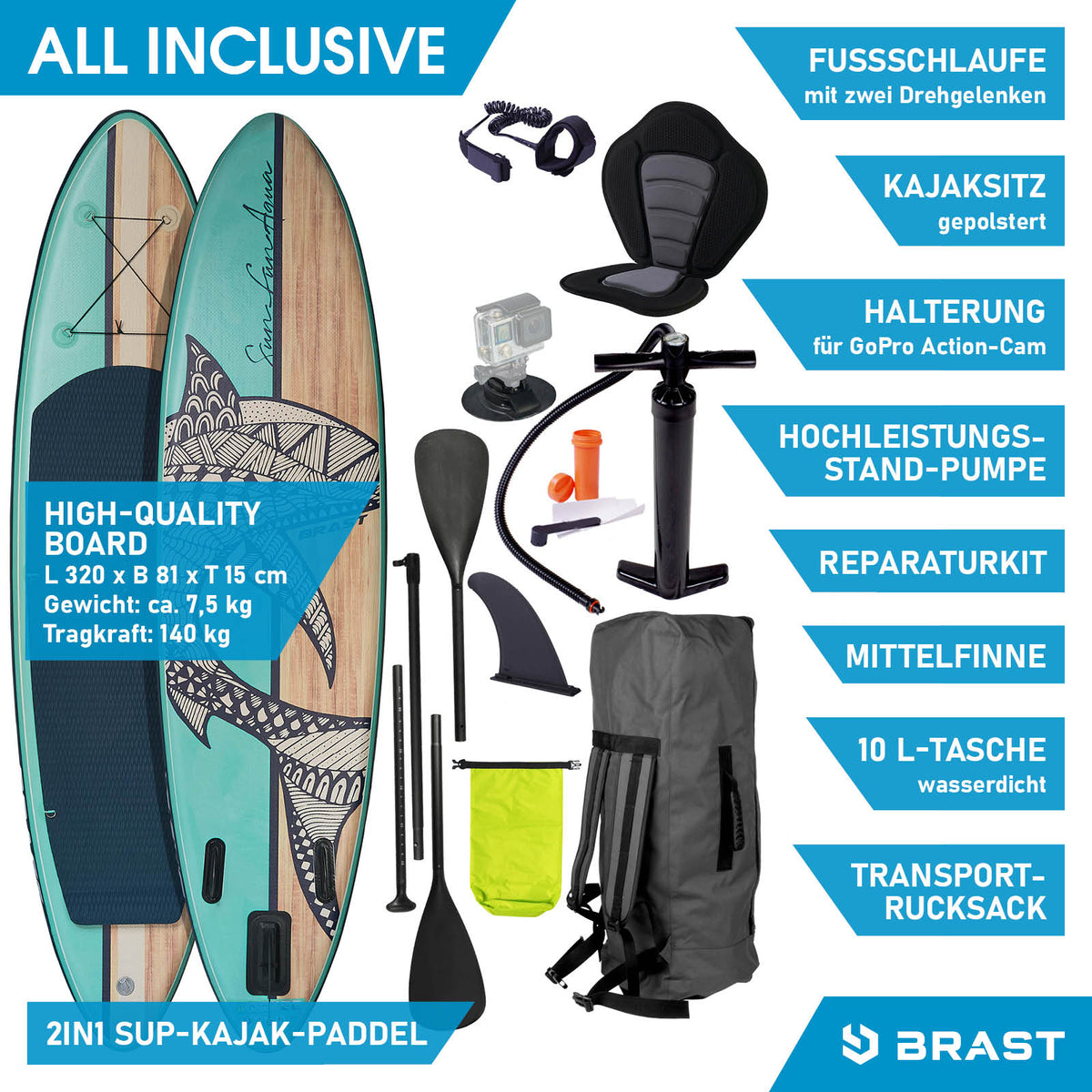 Aufblasbares SUP Board Set mit Sitz SHARK 320 nature