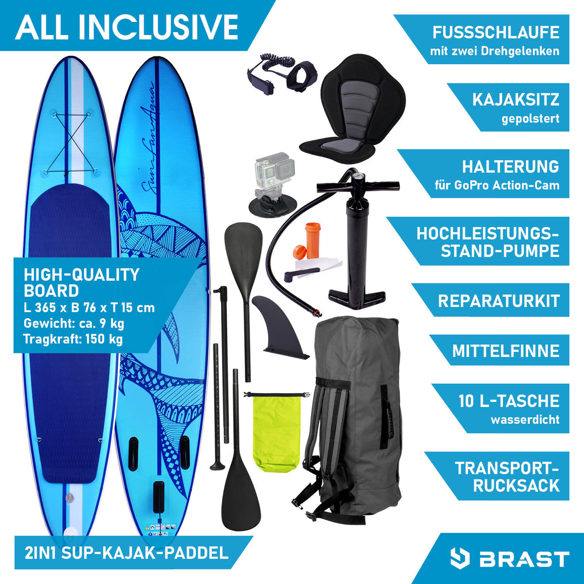 Aufblasbares SUP Board Set mit Sitz SHARK 365 blue