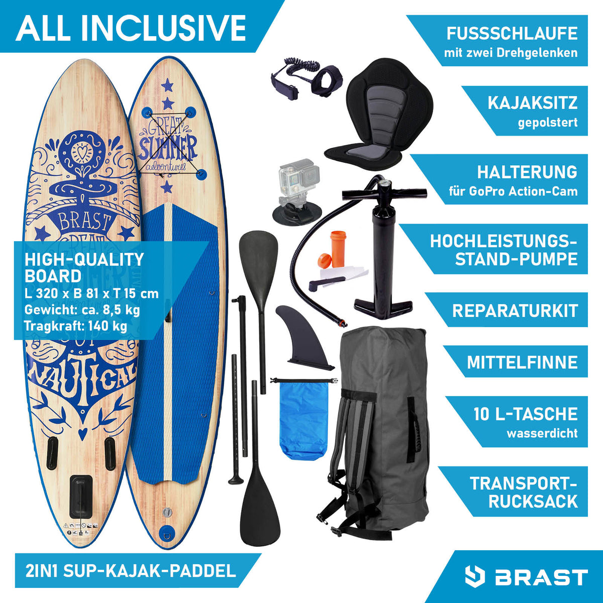 Aufblasbares SUP Board Set SUMMER 320 natural blue