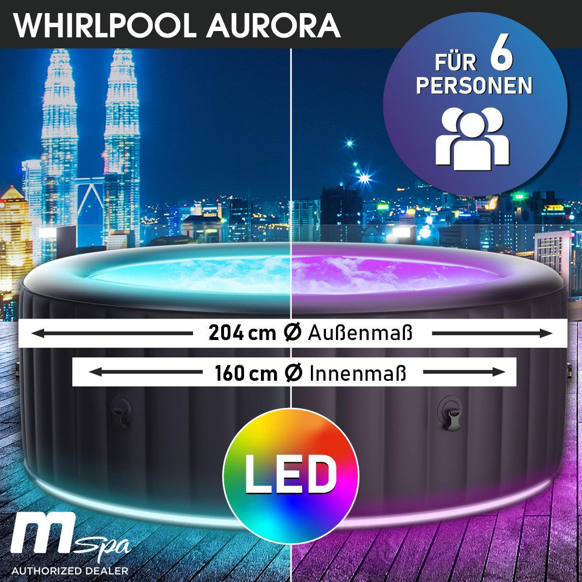 BRAST Aufblasbarer Whirlpool MSpa AURORA URBAN 6 Personen mit LED