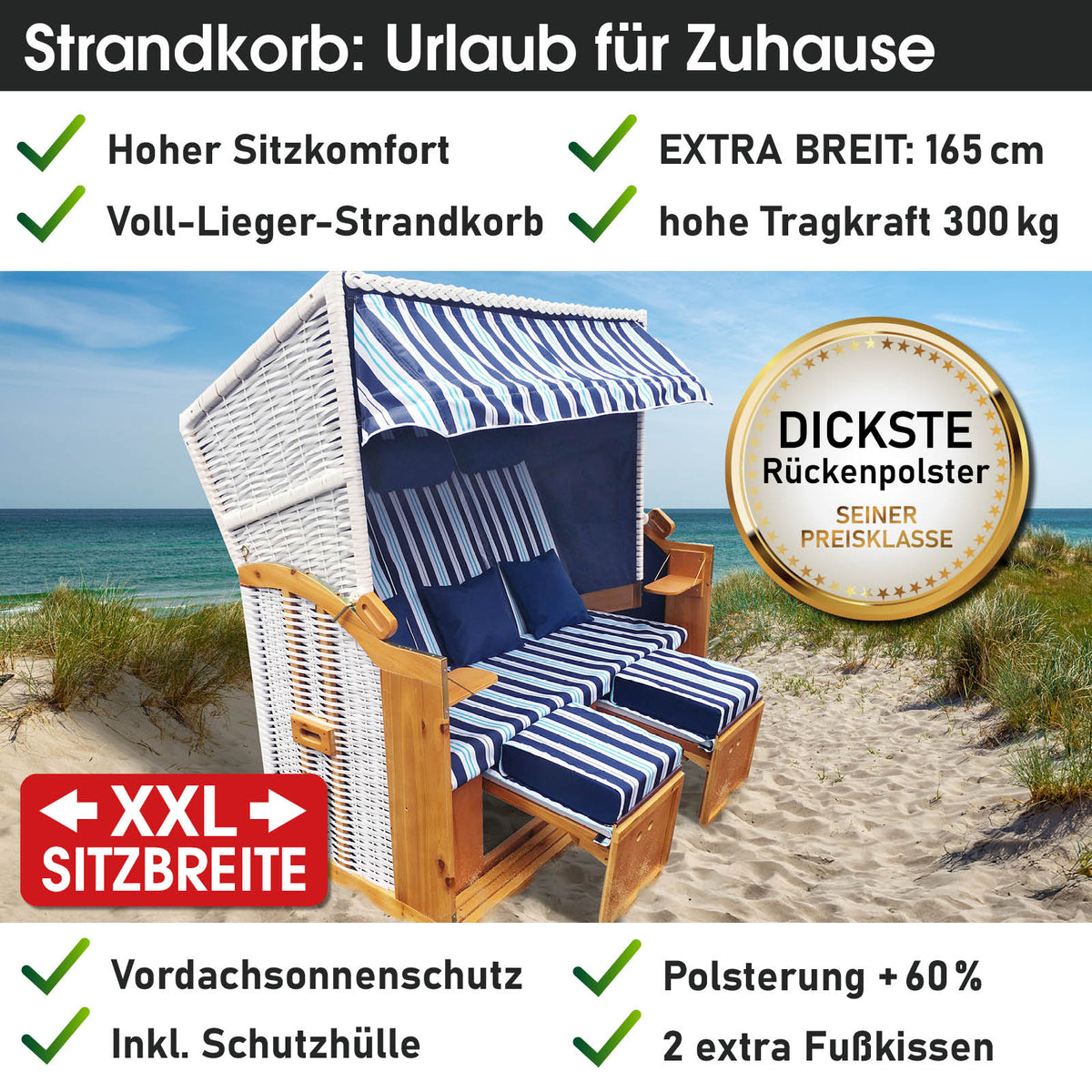 Strandkorb 3-Sitzer OSTSEE hellblau gestreift