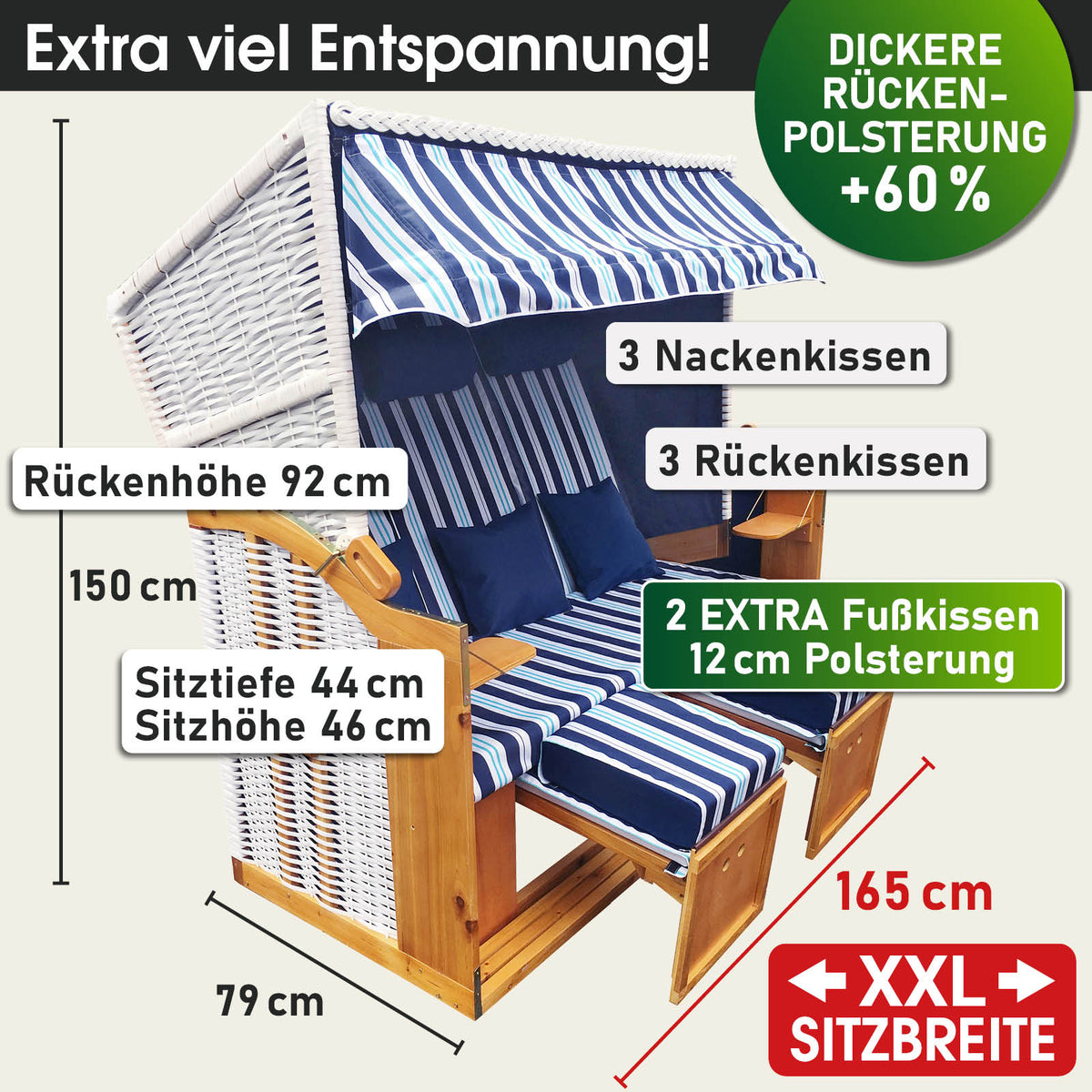 Strandkorb 3-Sitzer OSTSEE hellblau gestreift