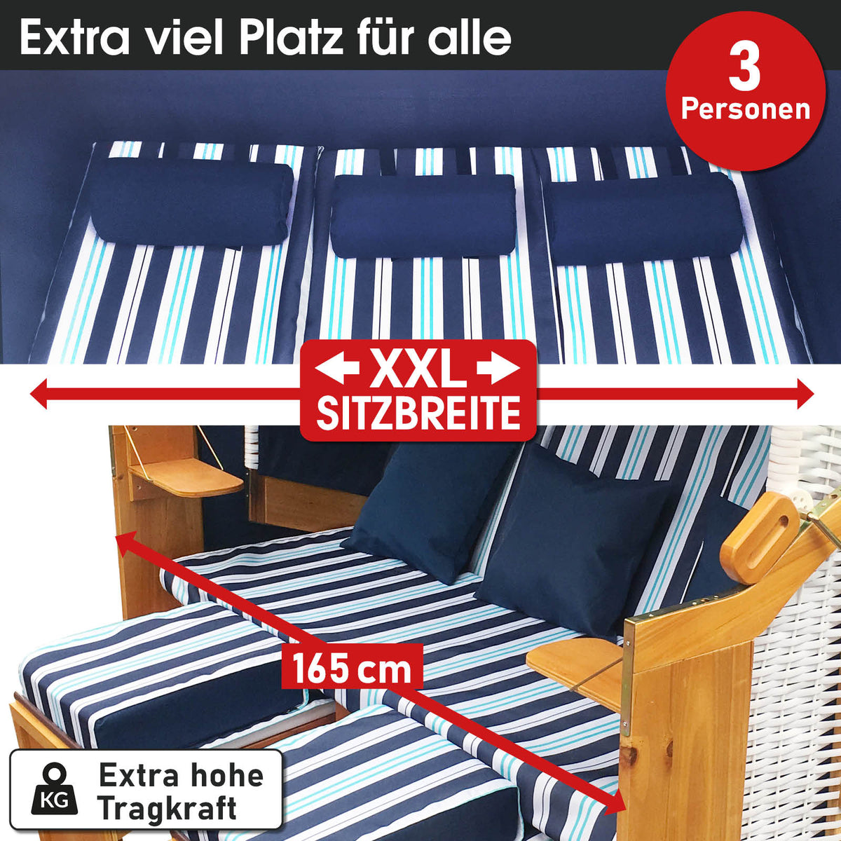 Strandkorb 3-Sitzer OSTSEE hellblau gestreift