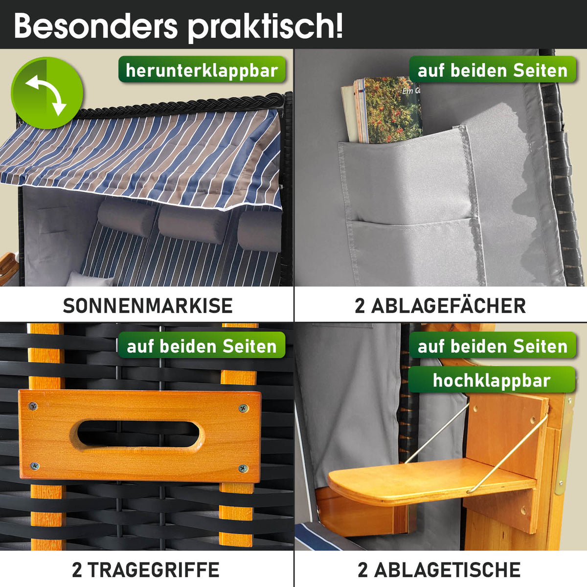 XXL Strandkorb 3-Sitzer USEDOM braun/blau gestreift