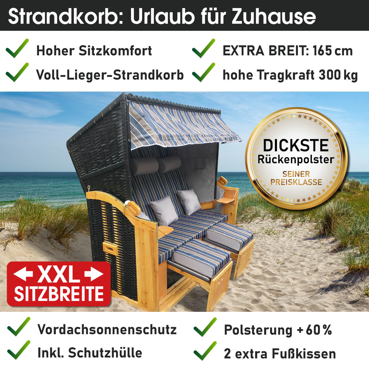 XXL Strandkorb 3-Sitzer USEDOM braun/blau gestreift