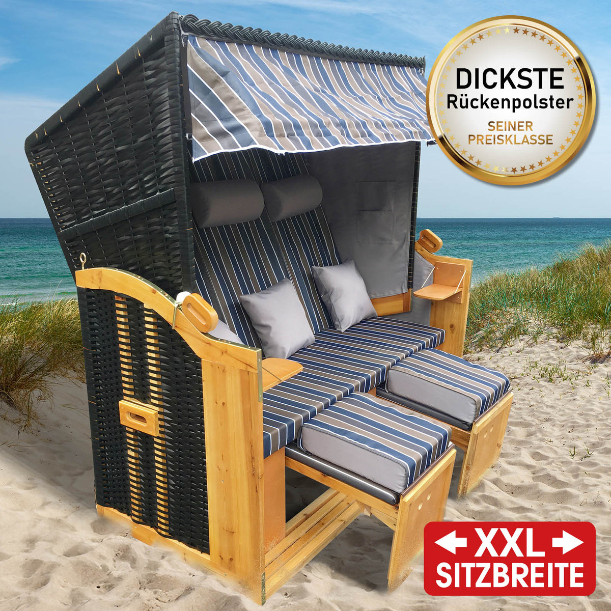 XXL Strandkorb 3-Sitzer USEDOM braun/blau gestreift