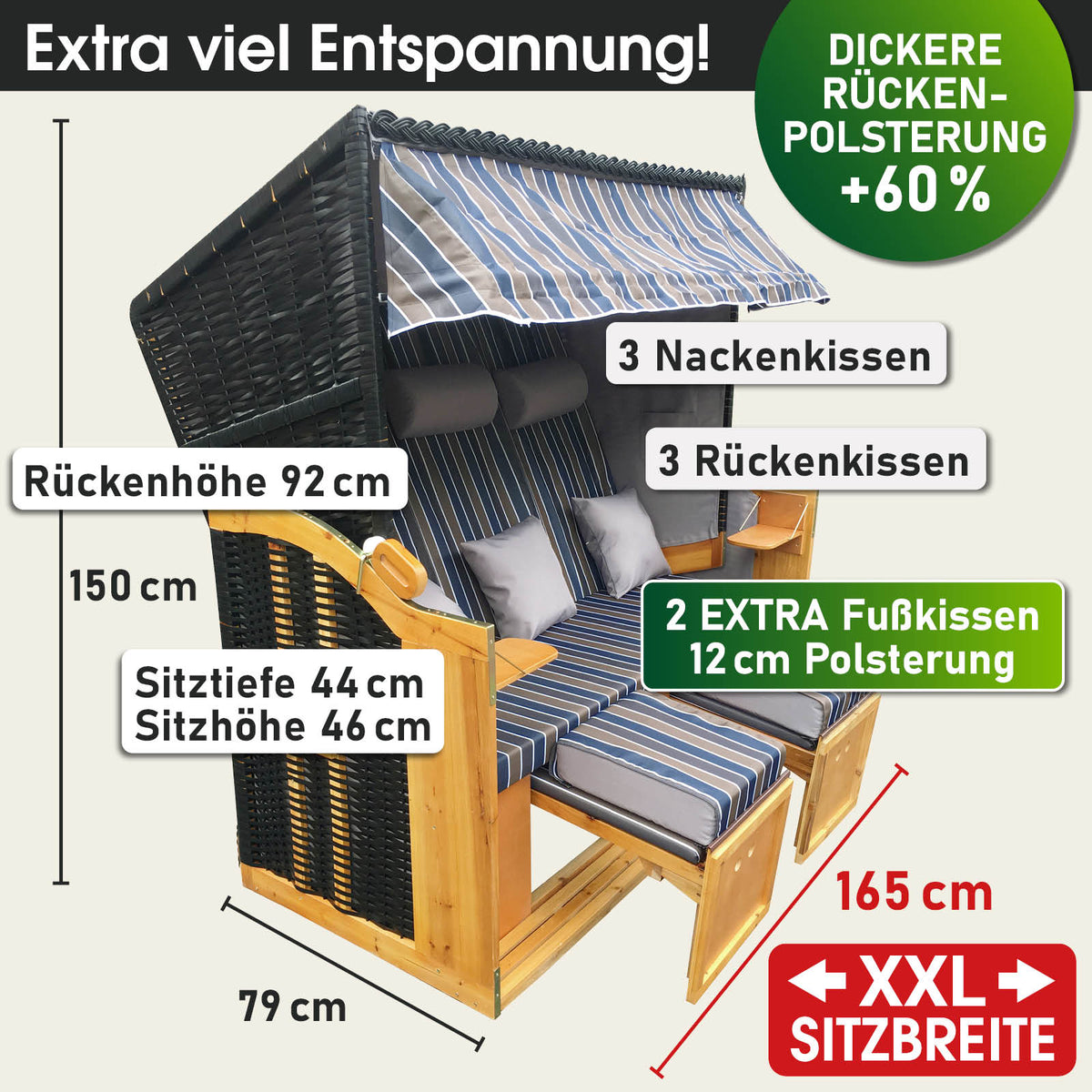 XXL Strandkorb 3-Sitzer USEDOM braun/blau gestreift