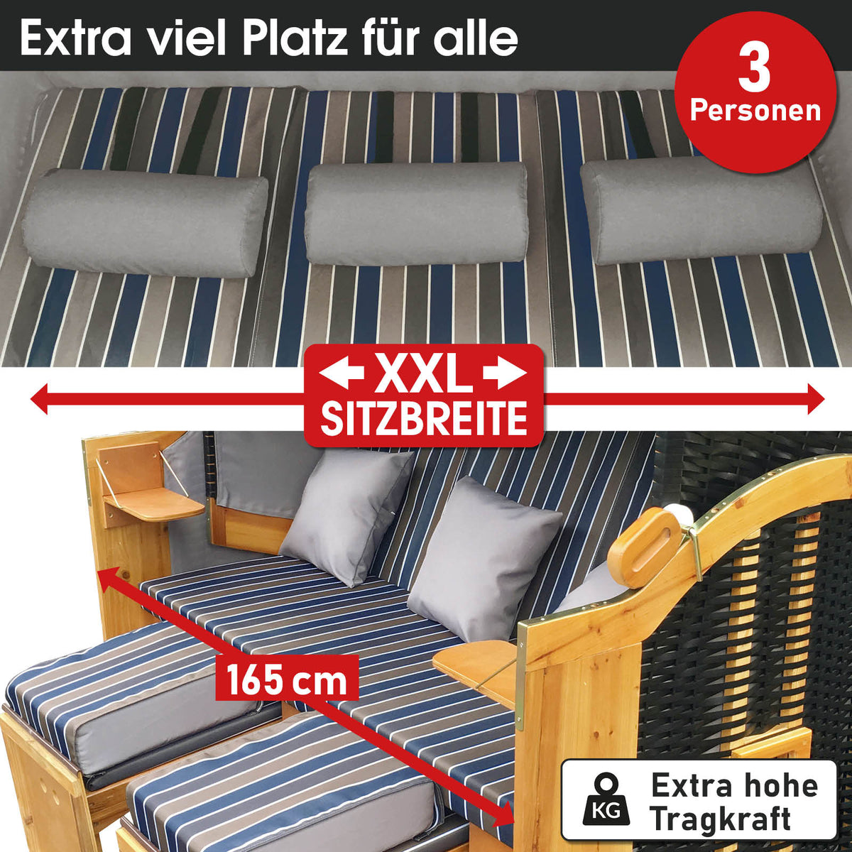 XXL Strandkorb 3-Sitzer USEDOM braun/blau gestreift