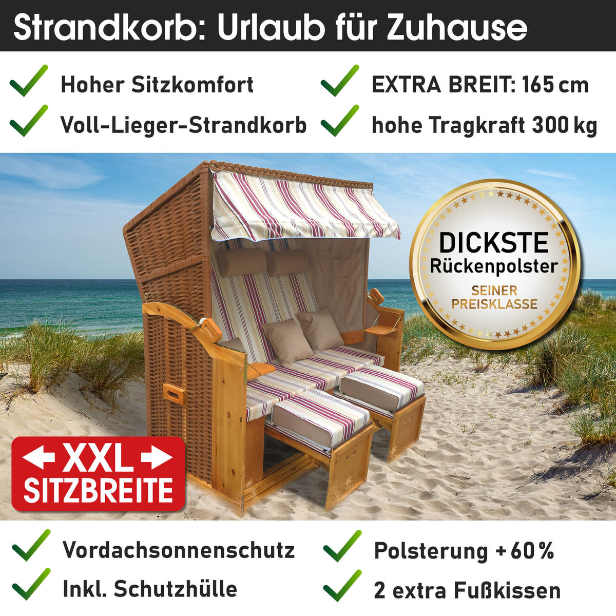 XXL Strandkorb 3-Sitzer USEDOM rot/beige gestreift