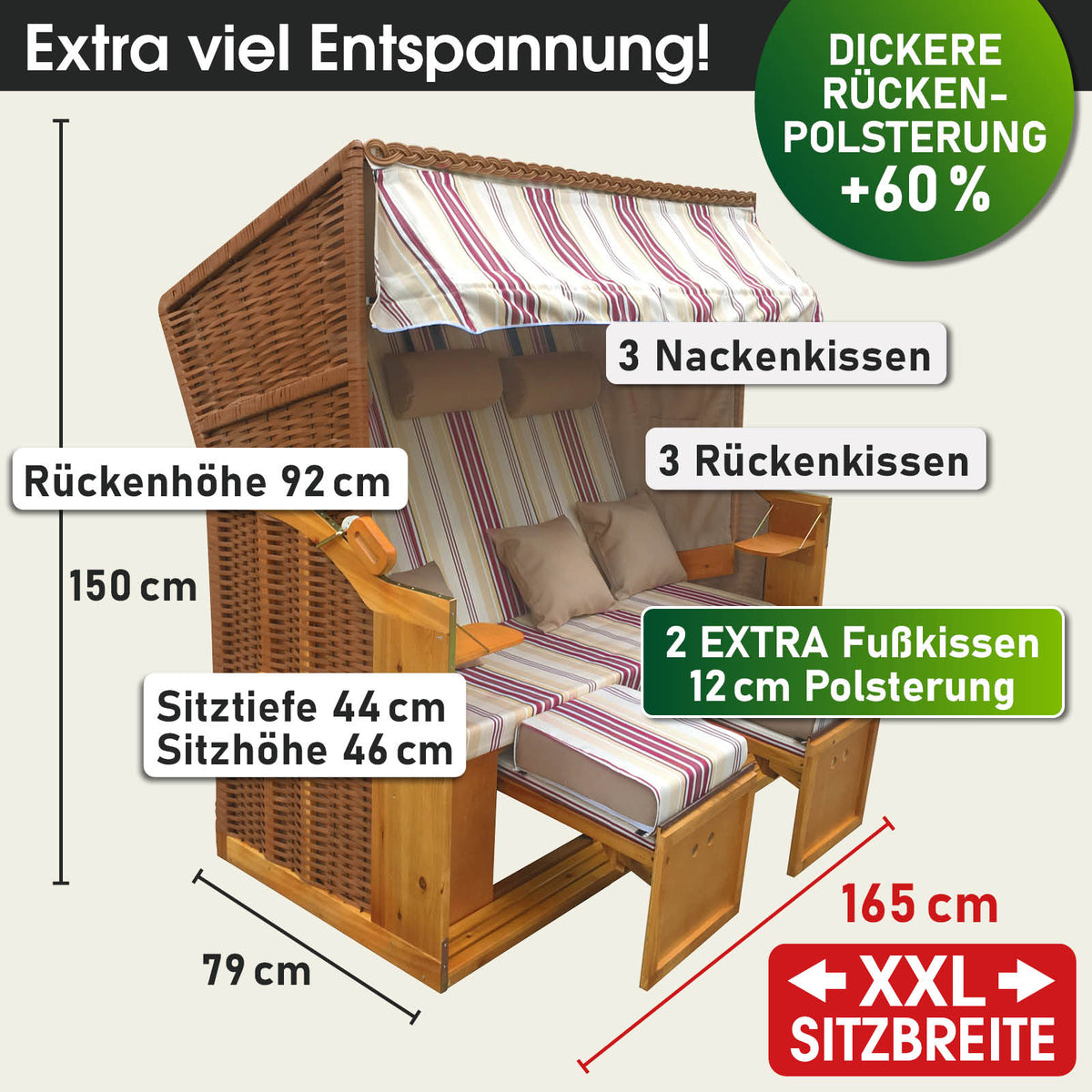 XXL Strandkorb 3-Sitzer USEDOM rot/beige gestreift