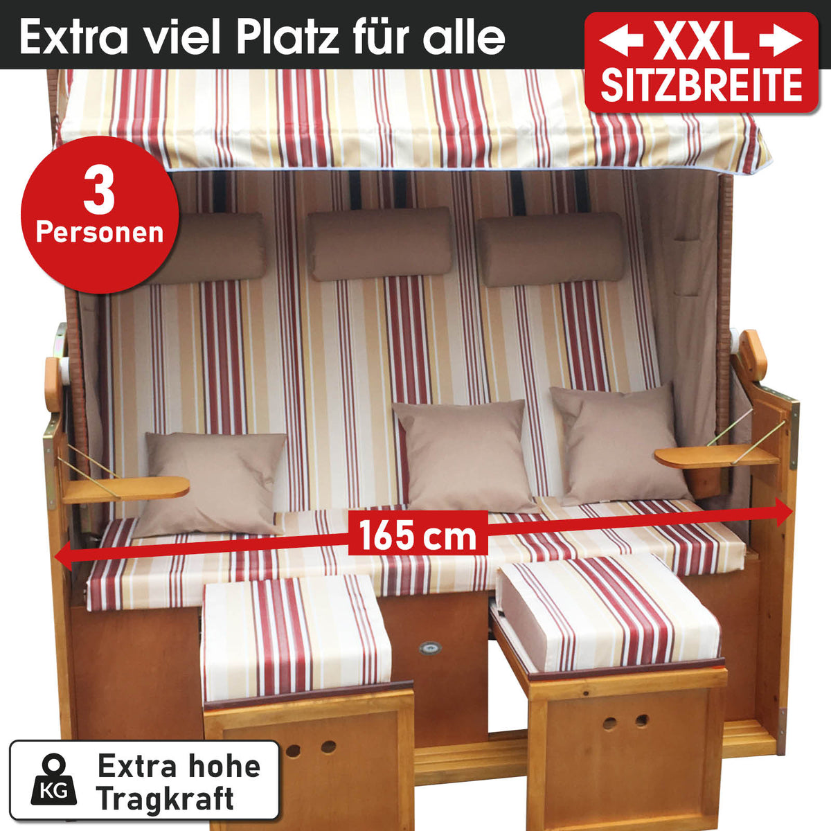 XXL Strandkorb 3-Sitzer USEDOM rot/beige gestreift