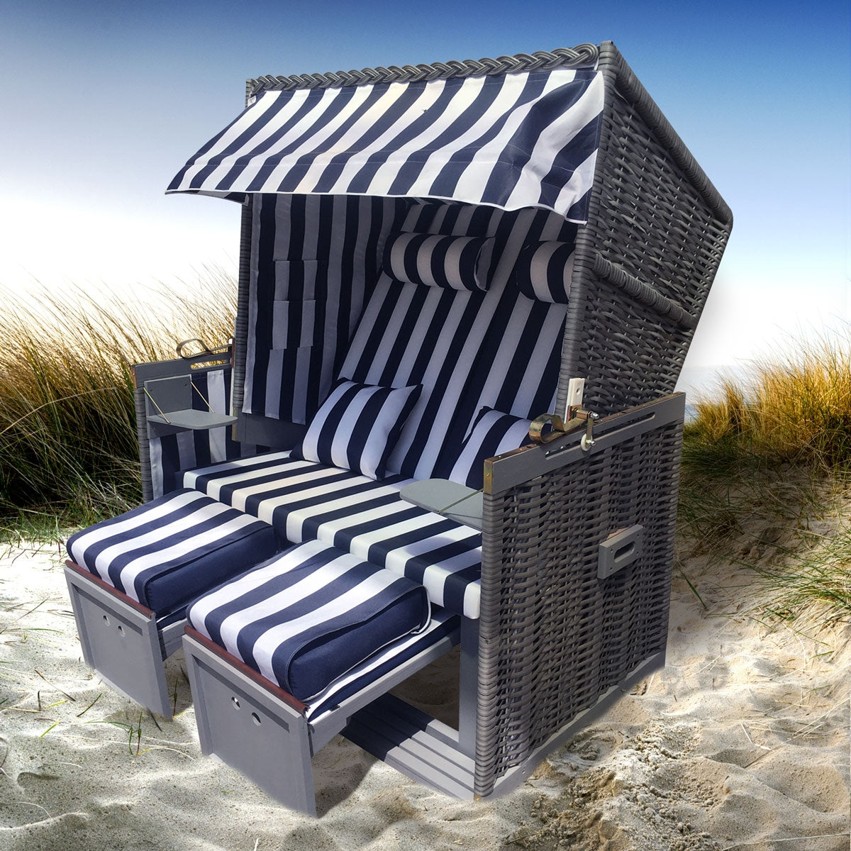 Strandkorb NORDERNEY grau/blau/weiß gestreift