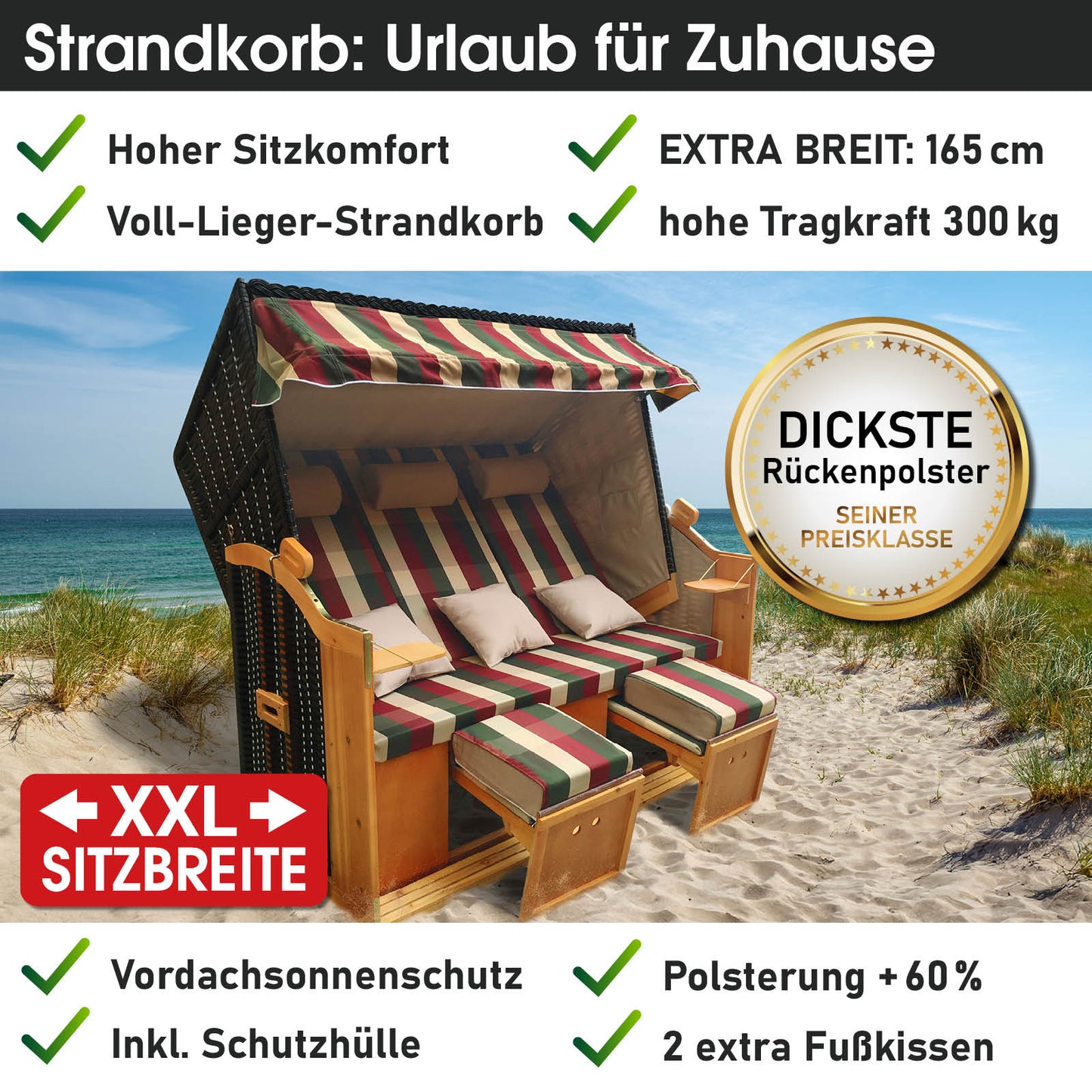 XXL Strandkorb 3-Sitzer USEDOM rot/grün/beige kariert